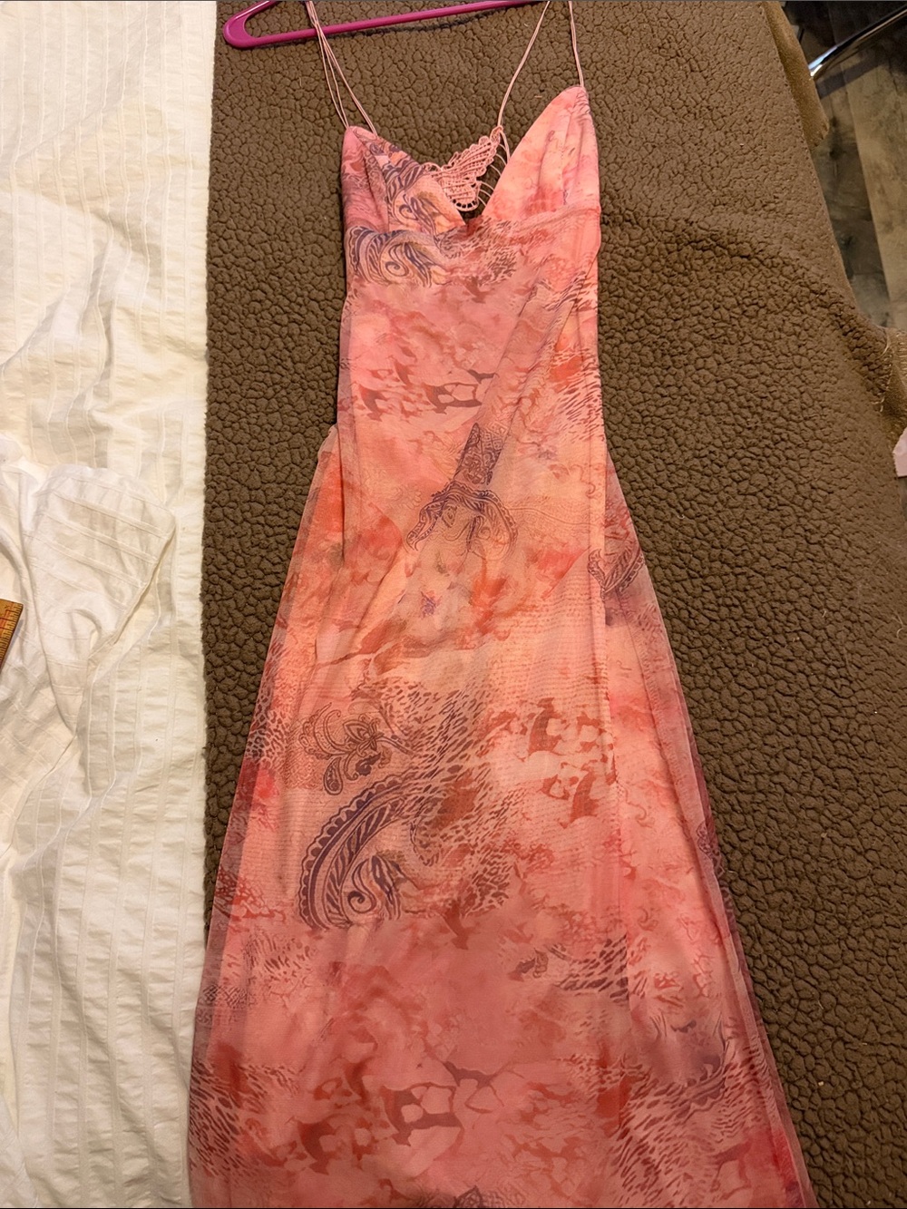 Fashion Nova Pink Marble-Print Lace-Back Slip Dress
